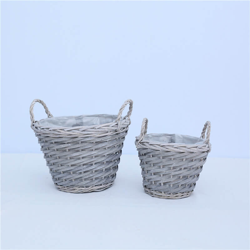 gray wicker storage baskets